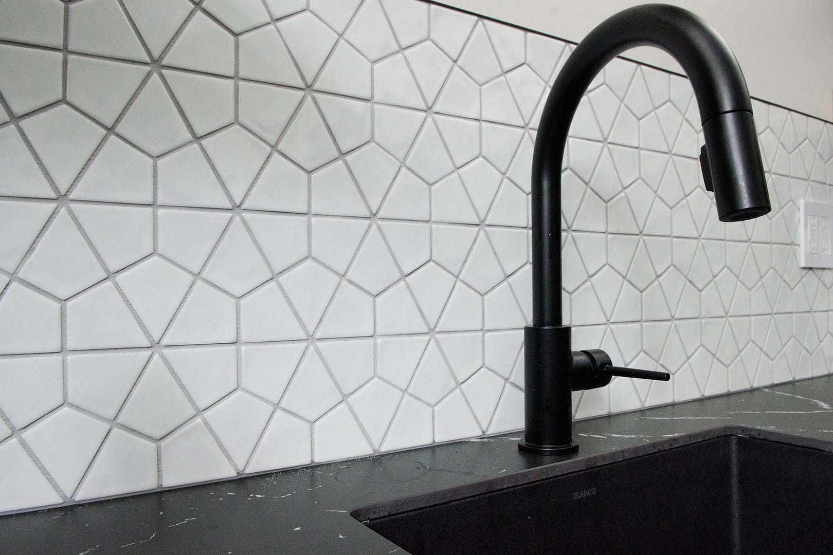 residential backsplash with white geo tiles by The Tile Centre, Brandon Manitoba MB